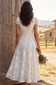Ivory Floral Ruched A-Line Cap Sleeves Maxi Engagement Dress