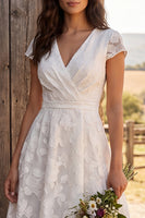 Load image into Gallery viewer, Ivory Floral Ruched A-Line Cap Sleeves Maxi Engagement Dress