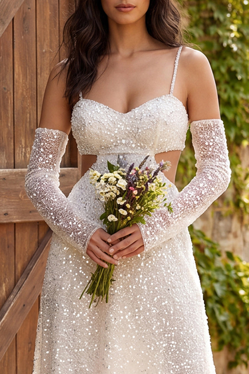 Load image into Gallery viewer, Ivory Sparkly Sequin A-Line Cut Out Maxi Engagement Dress