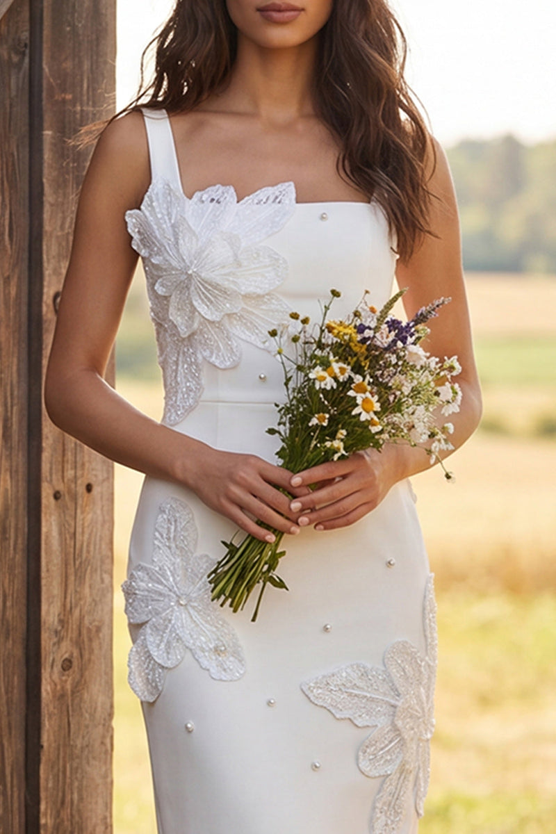 Load image into Gallery viewer, Floral Ivory Square Neck Sheath Maxi Engagement Dress with Beading