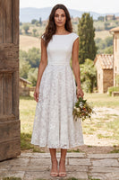 Load image into Gallery viewer, Floral Ivory Boat Neck A-Line Cap Sleeves Midi Engagement Dress