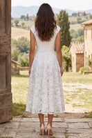 Load image into Gallery viewer, Floral Ivory Boat Neck A-Line Cap Sleeves Midi Engagement Dress