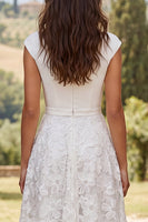 Load image into Gallery viewer, Floral Ivory Boat Neck A-Line Cap Sleeves Midi Engagement Dress