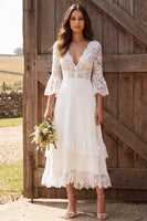 Load image into Gallery viewer, 3/4 Sleeves Ivory Lace V-Neck A-Line Maxi Engagement Dress