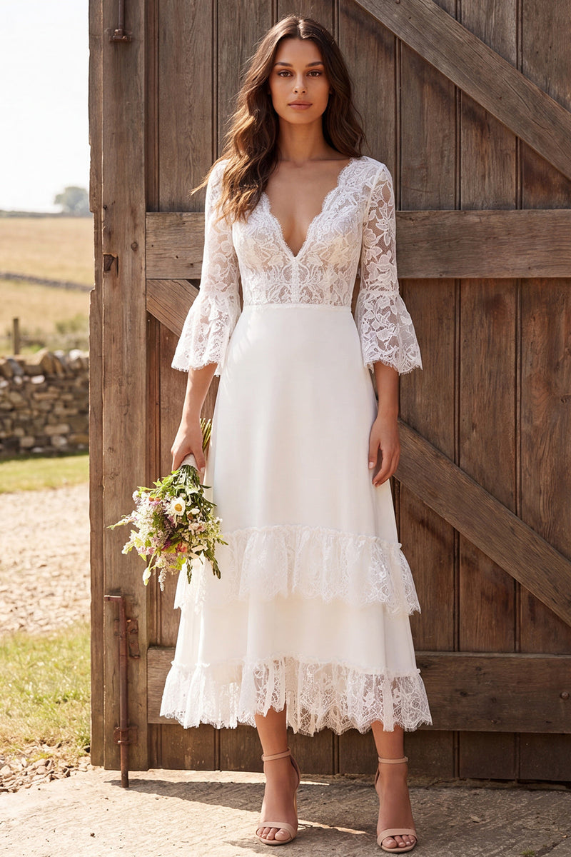Load image into Gallery viewer, 3/4 Sleeves Ivory Lace V-Neck A-Line Maxi Engagement Dress