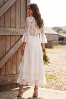 Load image into Gallery viewer, 3/4 Sleeves Ivory Lace V-Neck A-Line Maxi Engagement Dress
