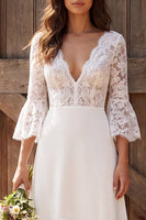 Load image into Gallery viewer, 3/4 Sleeves Ivory Lace V-Neck A-Line Maxi Engagement Dress