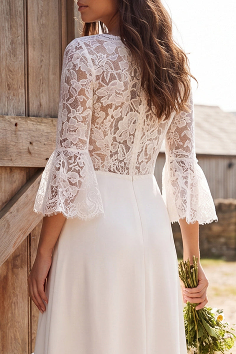 Load image into Gallery viewer, 3/4 Sleeves Ivory Lace V-Neck A-Line Maxi Engagement Dress