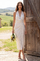 Load image into Gallery viewer, Sparkly Ivory Sequin Ruched Halter Neck Sheath Maxi Engagement Dress
