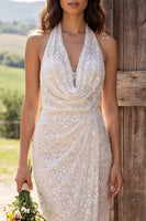 Load image into Gallery viewer, Sparkly Ivory Sequin Ruched Halter Neck Sheath Maxi Engagement Dress