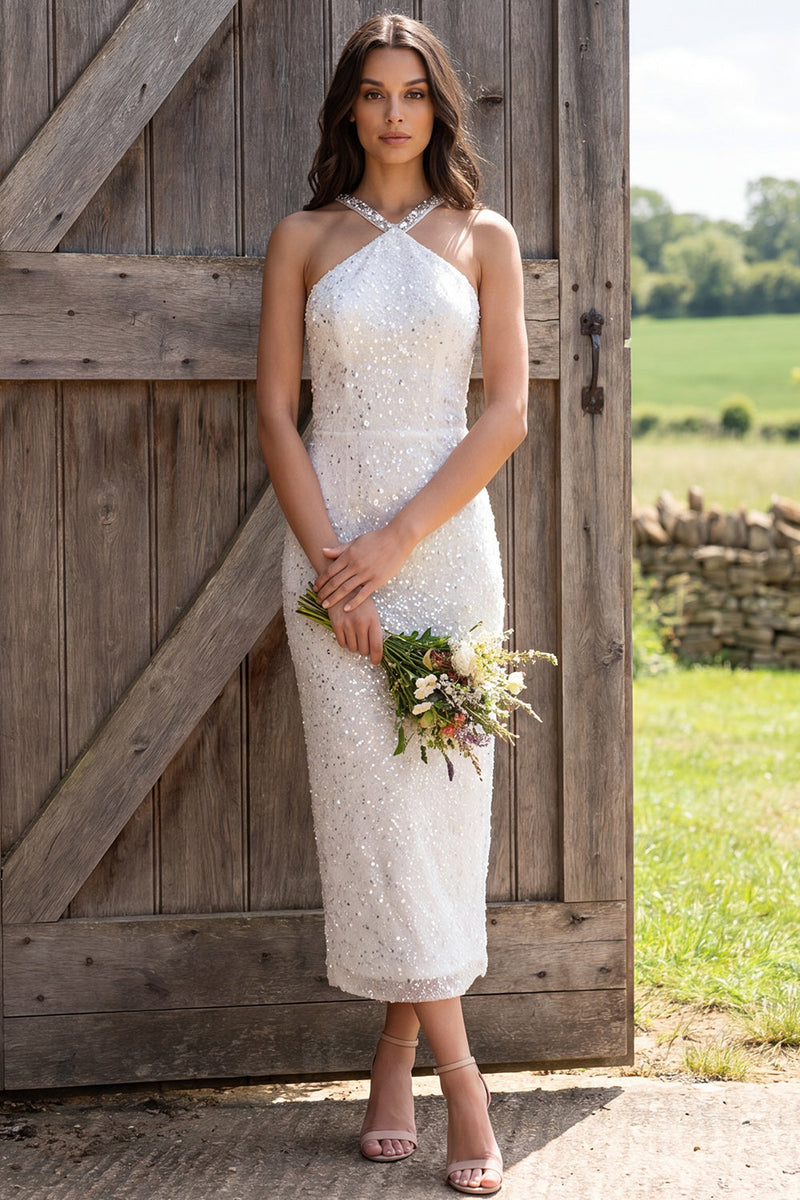 Load image into Gallery viewer, Sparkly Ivory Sequin Halter Neck Sheath Maxi Engagement Dress