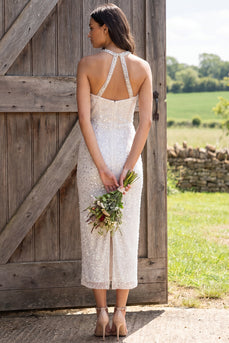 Sparkly Ivory Sequin Halter Neck Sheath Maxi Engagement Dress