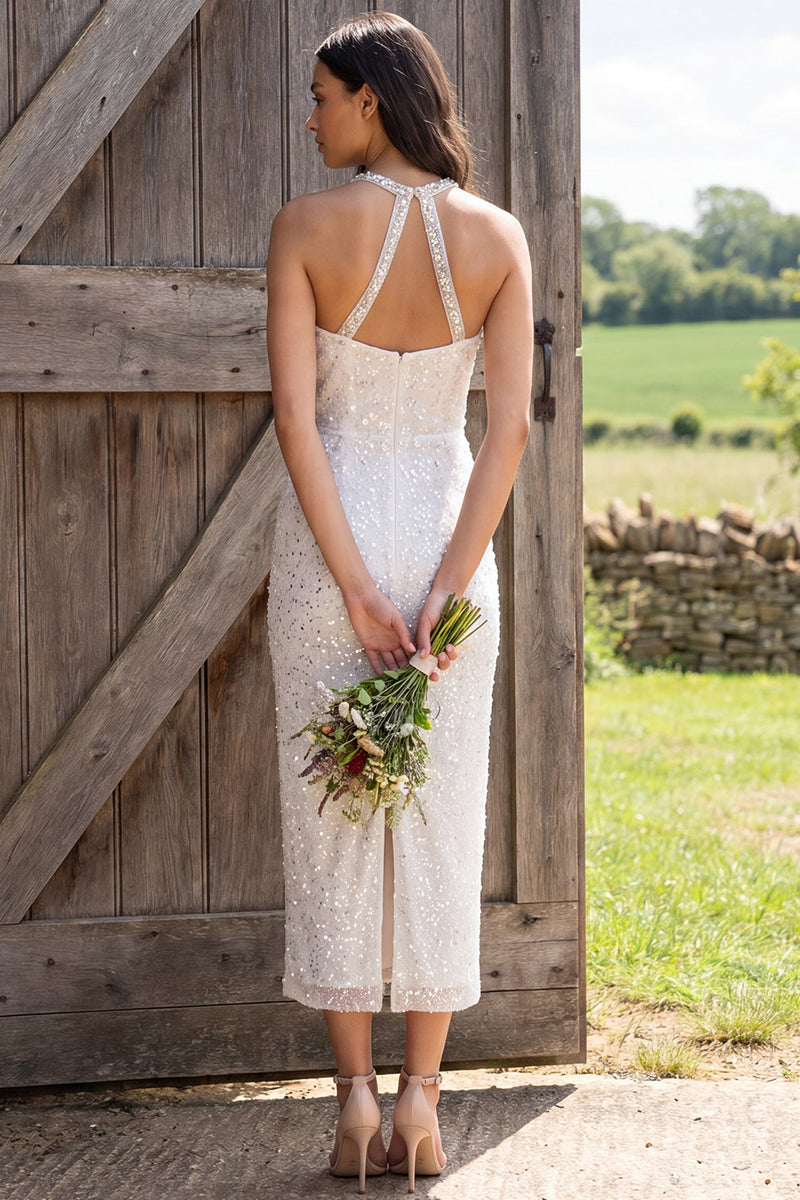 Load image into Gallery viewer, Sparkly Ivory Sequin Halter Neck Sheath Maxi Engagement Dress