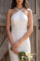 Load image into Gallery viewer, Sparkly Ivory Sequin Halter Neck Sheath Maxi Engagement Dress