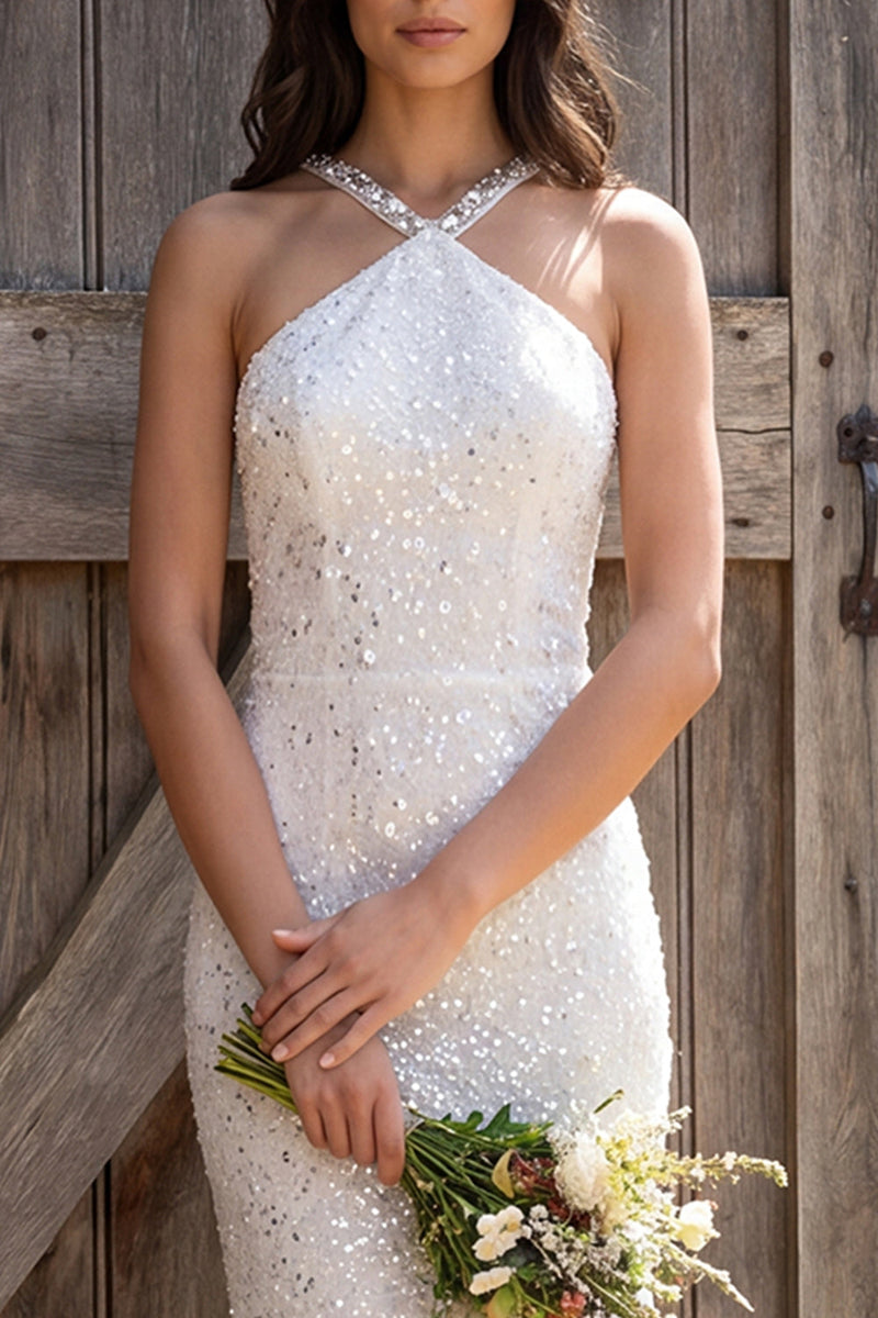 Load image into Gallery viewer, Sparkly Ivory Sequin Halter Neck Sheath Maxi Engagement Dress