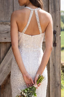 Load image into Gallery viewer, Sparkly Ivory Sequin Halter Neck Sheath Maxi Engagement Dress