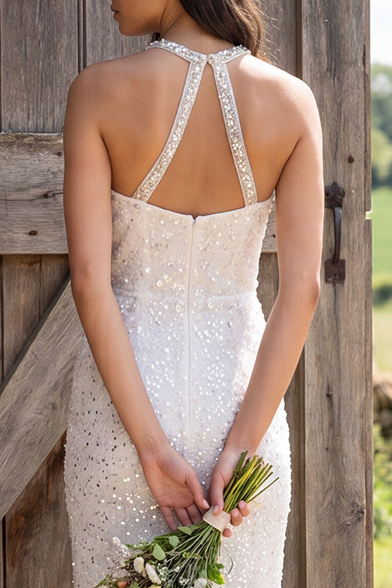 Load image into Gallery viewer, Sparkly Ivory Sequin Halter Neck Sheath Maxi Engagement Dress