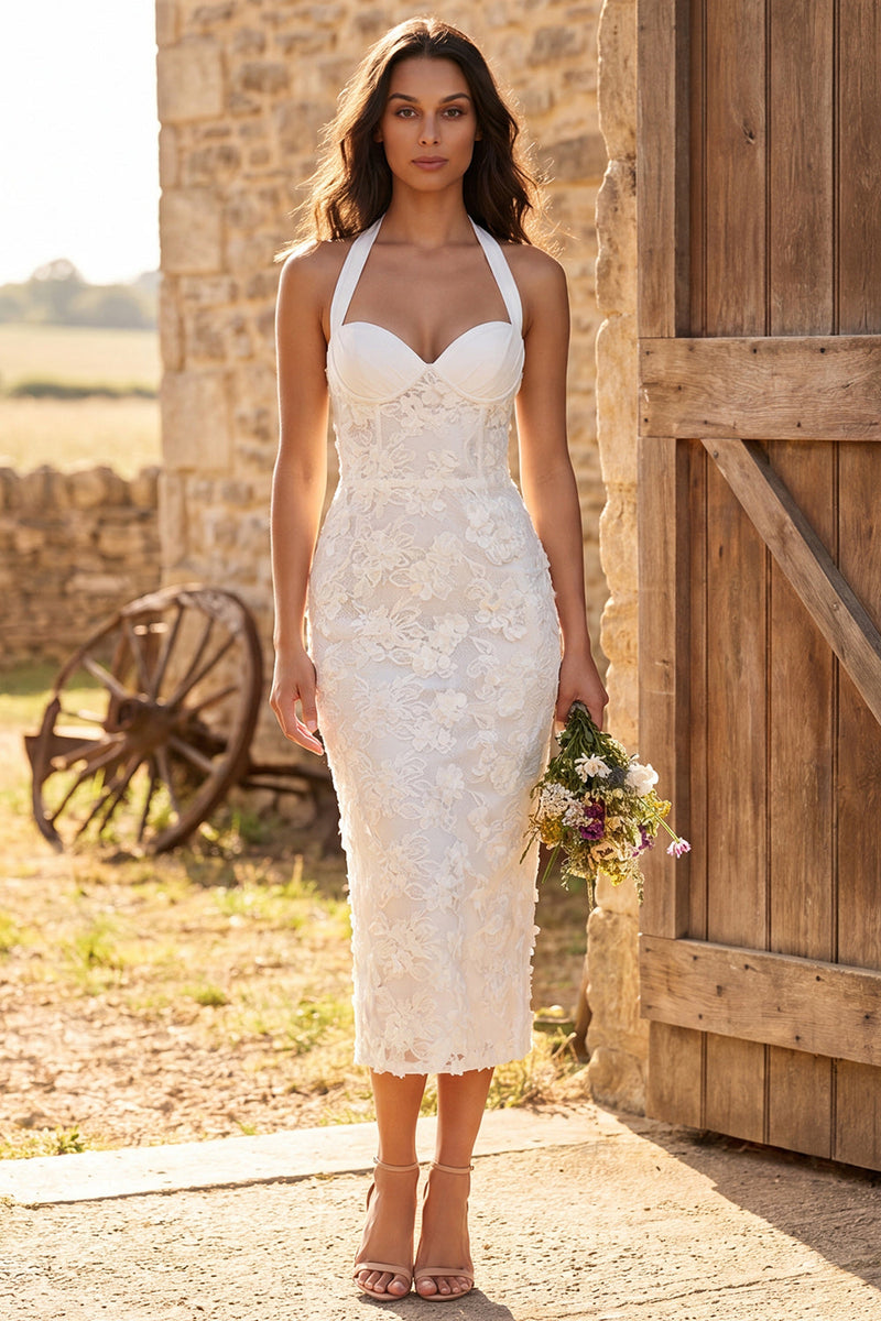 Load image into Gallery viewer, Floral Ivory Lace Halter Neck Sheath Maxi Engagement Dress