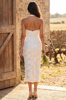 Load image into Gallery viewer, Floral Ivory Lace Halter Neck Sheath Maxi Engagement Dress