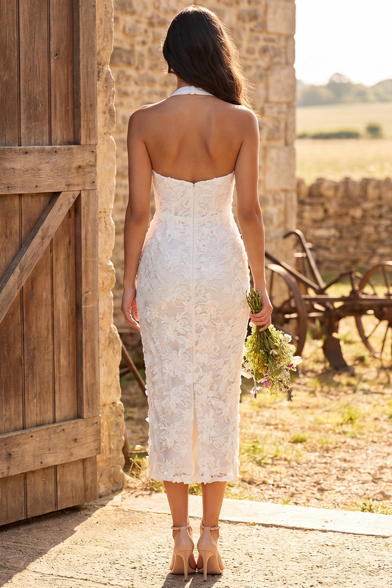 Load image into Gallery viewer, Floral Ivory Lace Halter Neck Sheath Maxi Engagement Dress