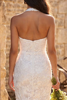 Load image into Gallery viewer, Floral Ivory Lace Halter Neck Sheath Maxi Engagement Dress