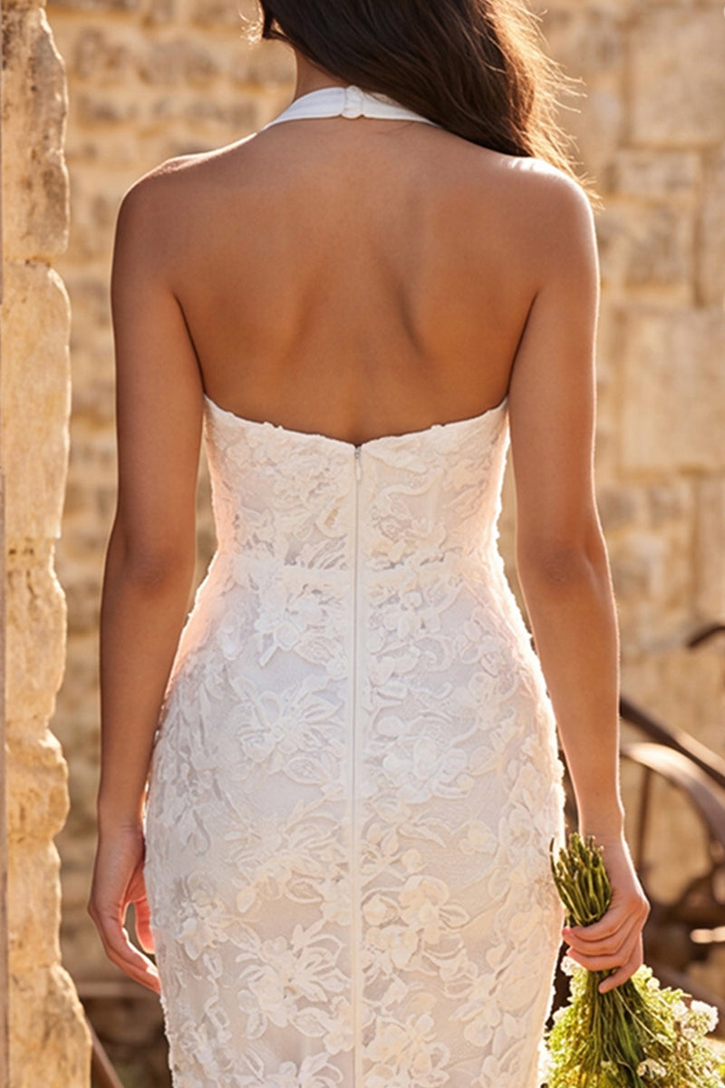 Load image into Gallery viewer, Floral Ivory Lace Halter Neck Sheath Maxi Engagement Dress