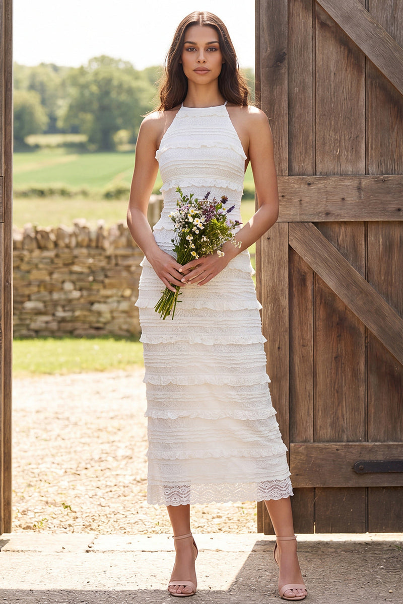 Load image into Gallery viewer, Ivory Lace Halter Neck Sheath Maxi Engagement Dress