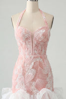 Load image into Gallery viewer, Sparkly Dusty Blue Corset Short Tight Cocktail Dress with Ruffles
