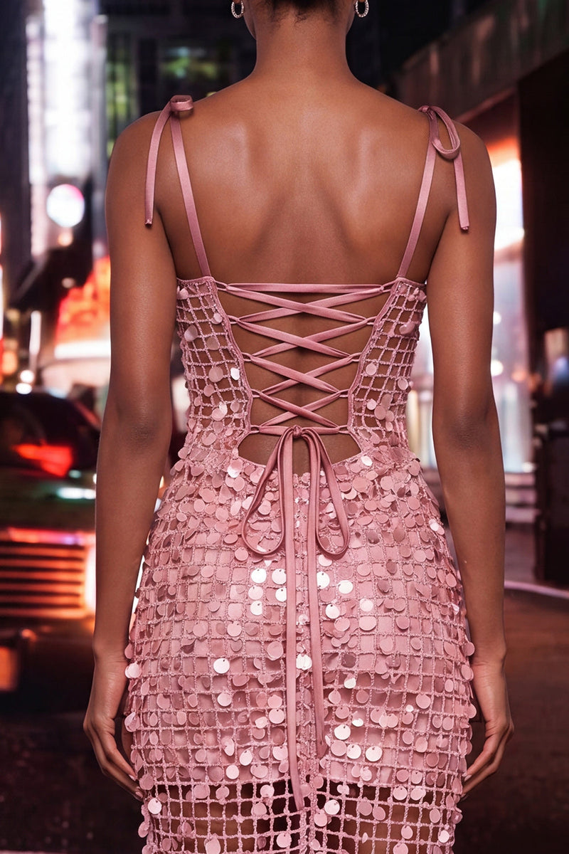 Load image into Gallery viewer, Sparkly Pink Sequin Corset Tight Short Cocktail Dress with Bows
