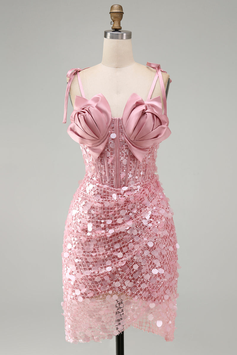 Load image into Gallery viewer, Sparkly Pink Sequin Corset Tight Short Cocktail Dress with Bows