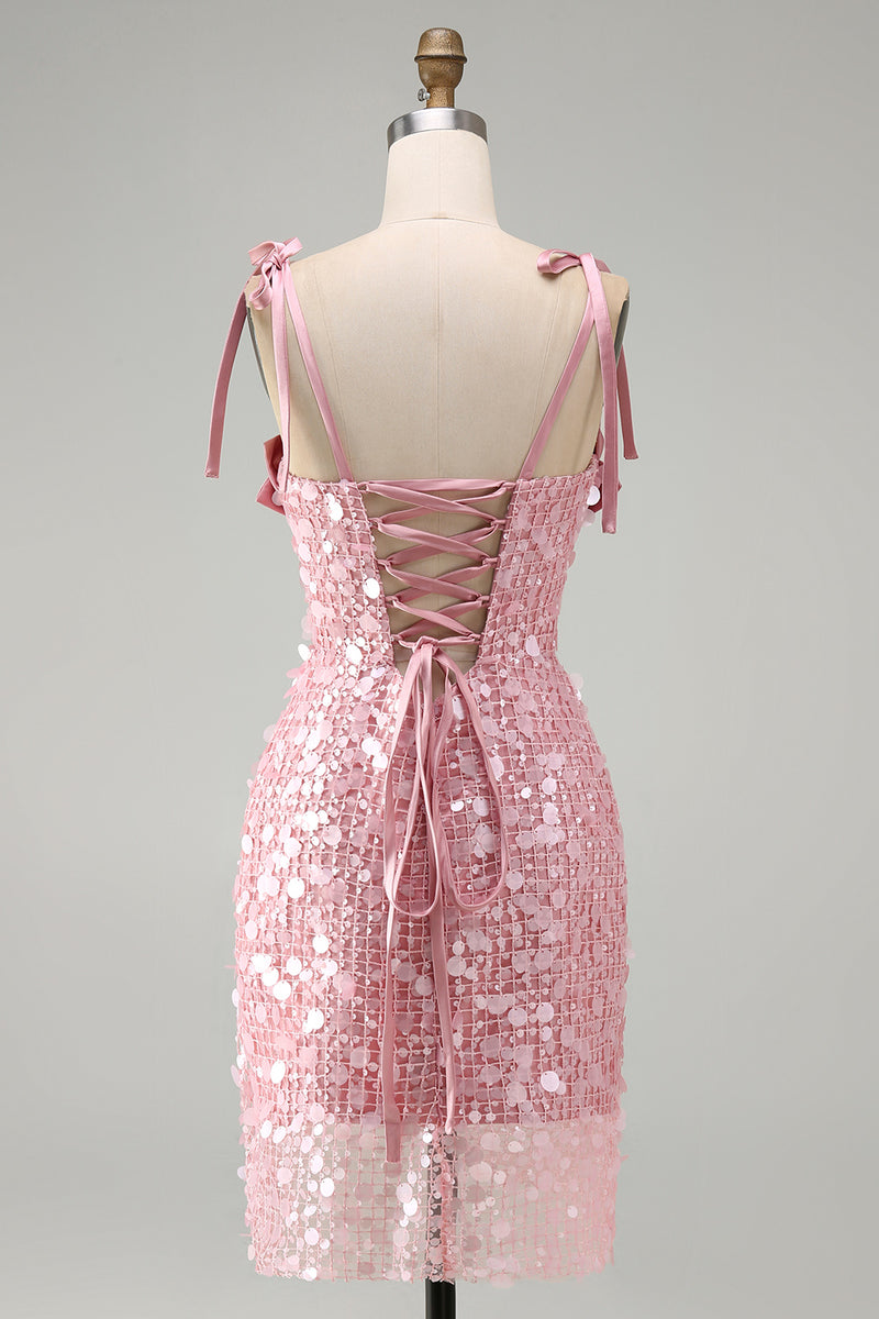 Load image into Gallery viewer, Sparkly Pink Sequin Corset Tight Short Cocktail Dress with Bows