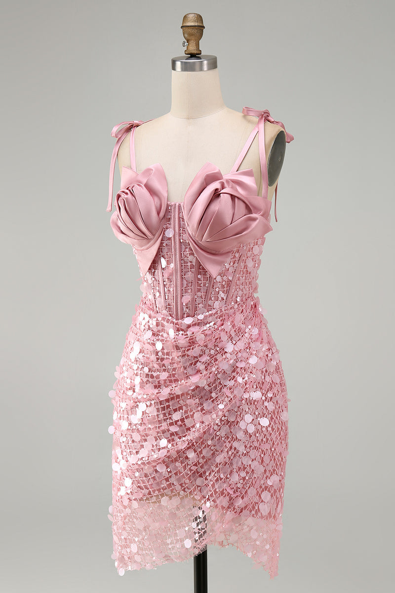 Load image into Gallery viewer, Sparkly Pink Sequin Corset Tight Short Cocktail Dress with Bows