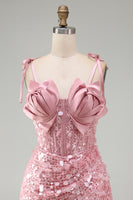 Load image into Gallery viewer, Sparkly Pink Sequin Corset Tight Short Cocktail Dress with Bows