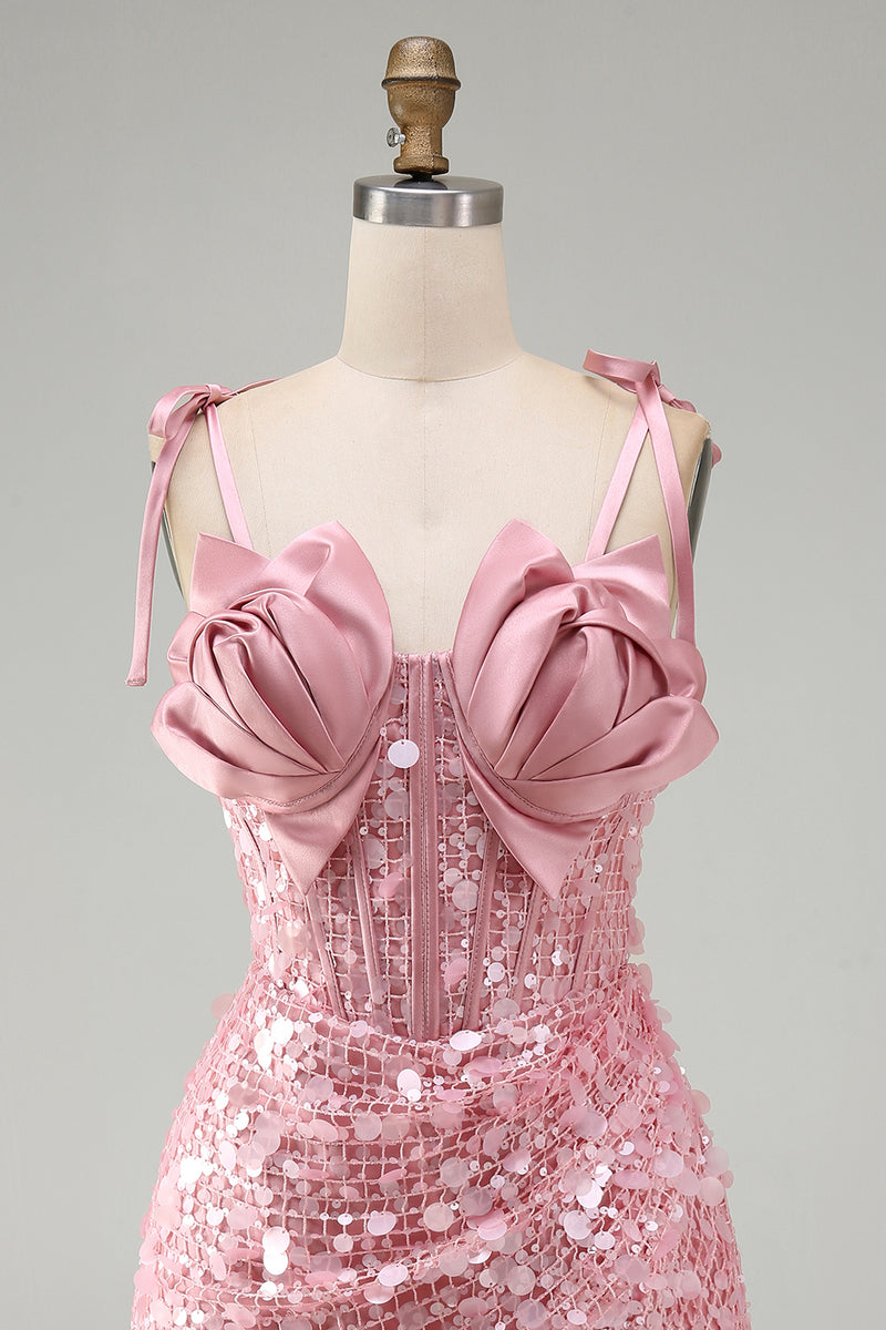 Load image into Gallery viewer, Sparkly Pink Sequin Corset Tight Short Cocktail Dress with Bows