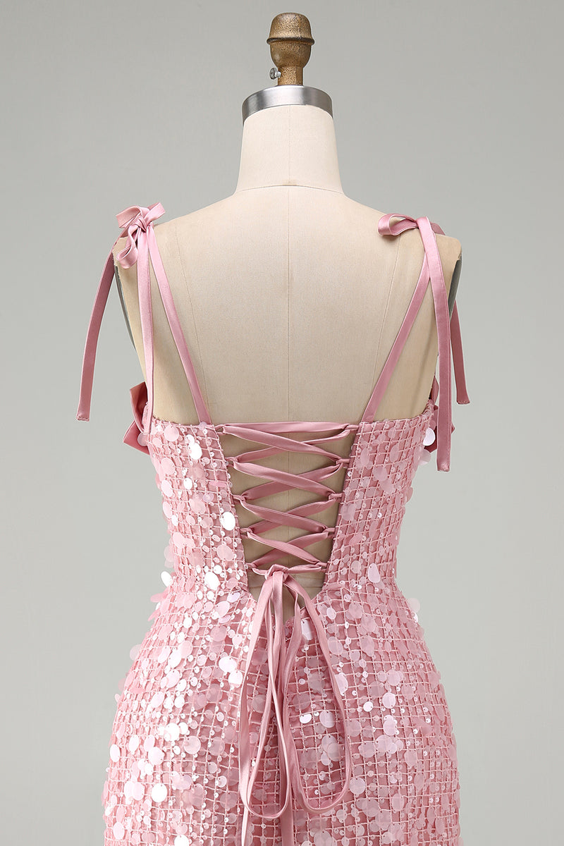 Load image into Gallery viewer, Sparkly Pink Sequin Corset Tight Short Cocktail Dress with Bows