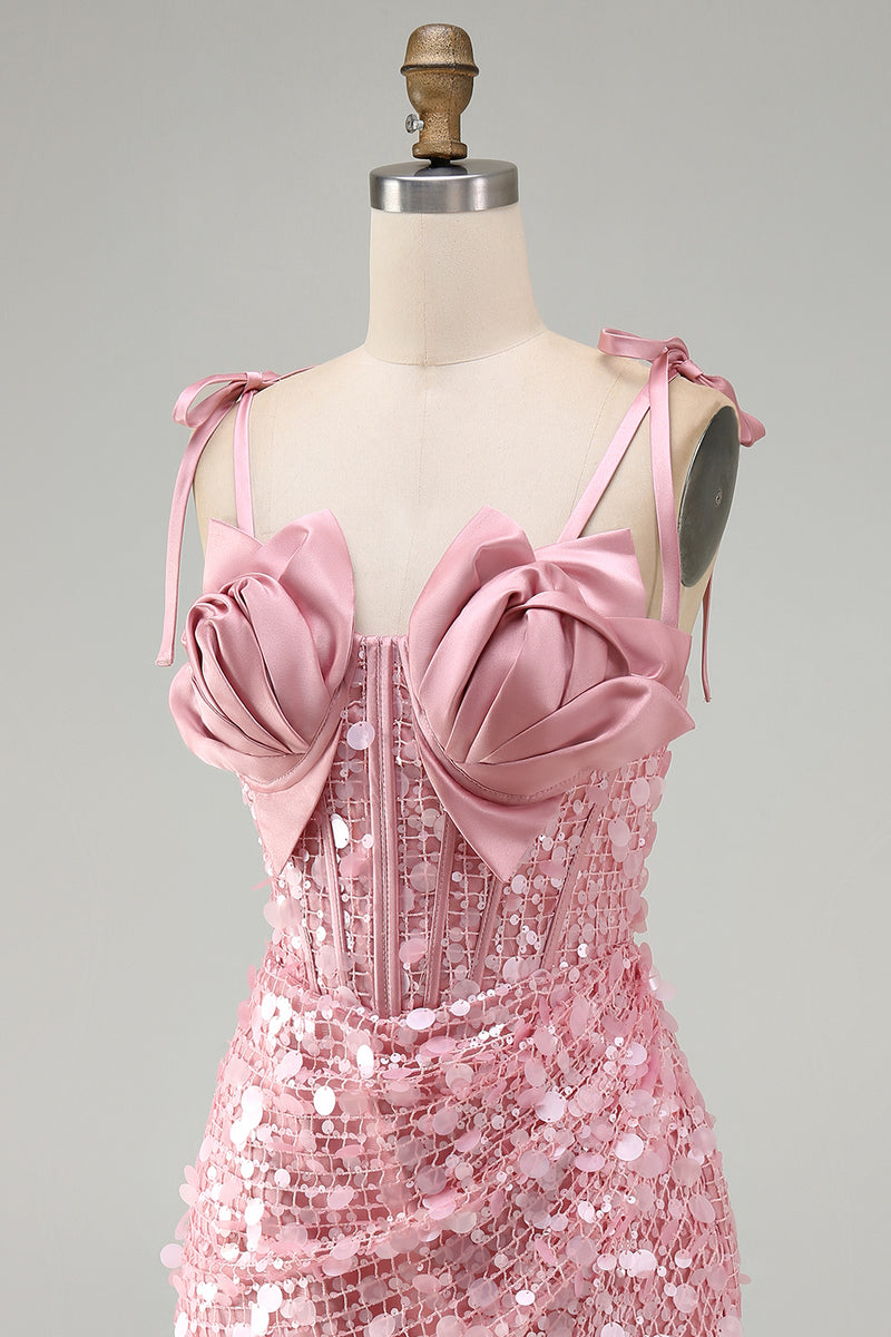 Load image into Gallery viewer, Sparkly Pink Sequin Corset Tight Short Cocktail Dress with Bows
