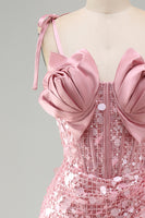 Load image into Gallery viewer, Sparkly Pink Sequin Corset Tight Short Cocktail Dress with Bows