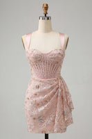 Load image into Gallery viewer, Floral Green Corset Ruched Tight Short Cocktail Dress with Beading