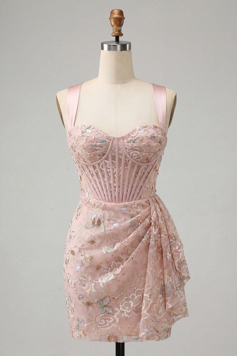 Load image into Gallery viewer, Floral Green Corset Ruched Tight Short Cocktail Dress with Beading