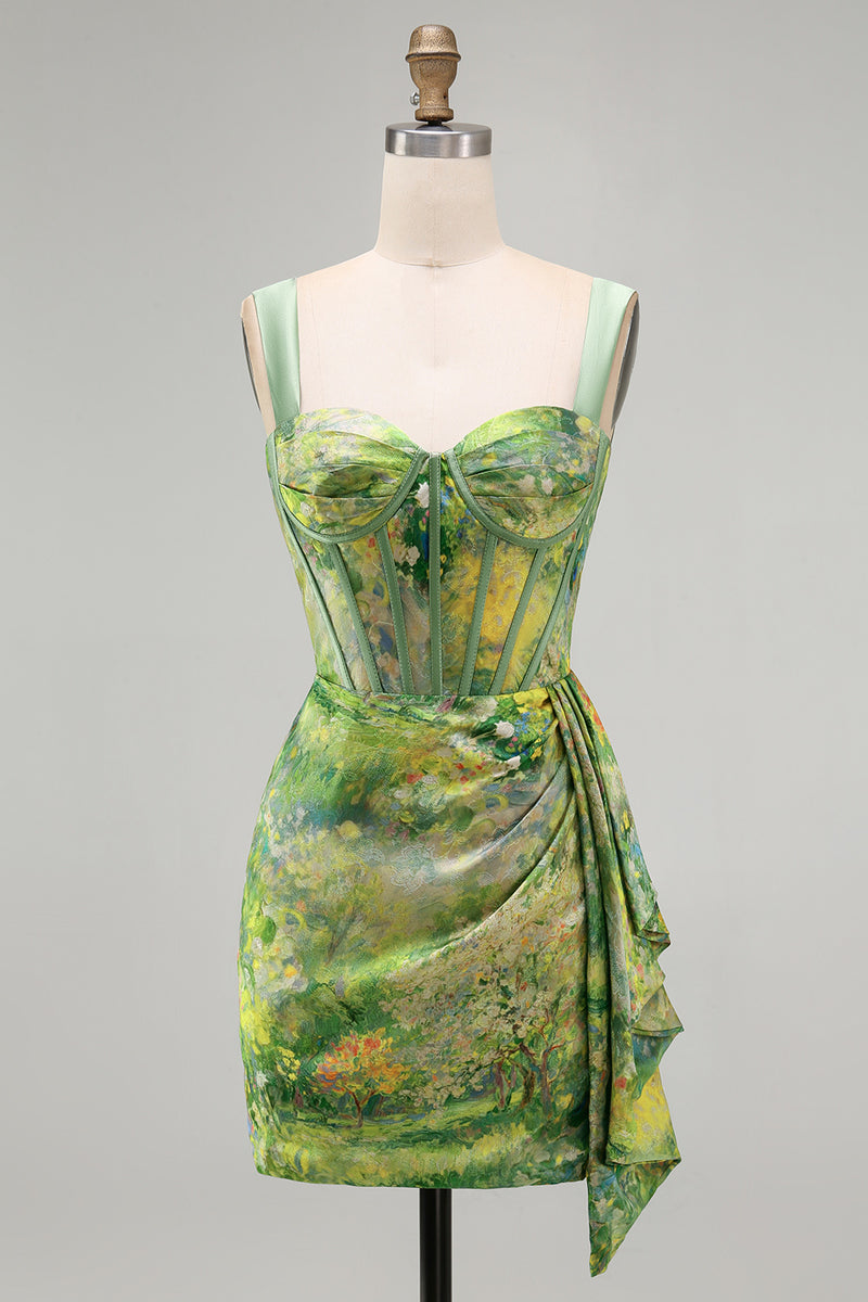 Load image into Gallery viewer, Floral Green Corset Ruched Tight Short Cocktail Dress with Beading