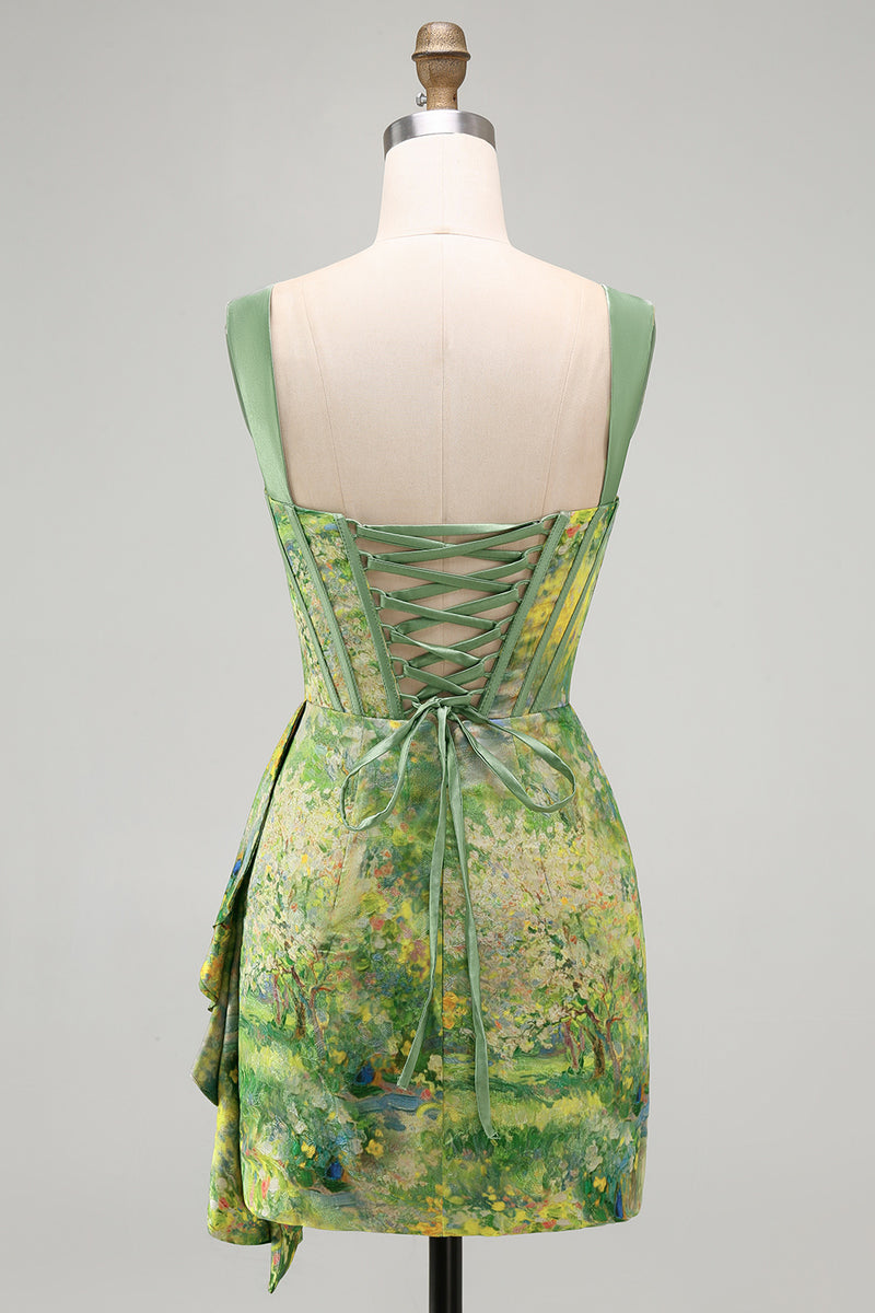 Load image into Gallery viewer, Floral Green Corset Ruched Tight Short Cocktail Dress with Beading