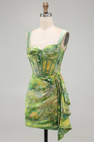 Load image into Gallery viewer, Floral Green Corset Ruched Tight Short Cocktail Dress with Beading