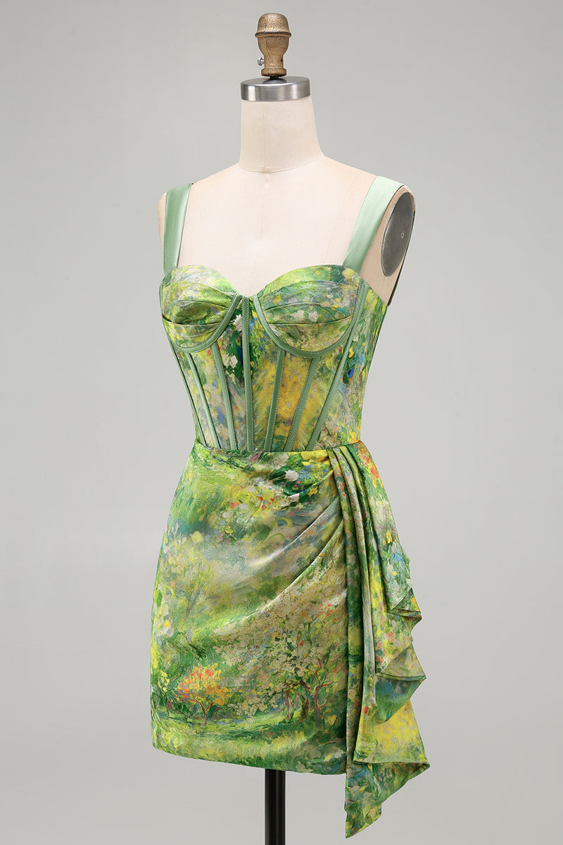 Load image into Gallery viewer, Floral Green Corset Ruched Tight Short Cocktail Dress with Beading