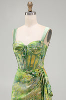 Load image into Gallery viewer, Floral Green Corset Ruched Tight Short Cocktail Dress with Beading