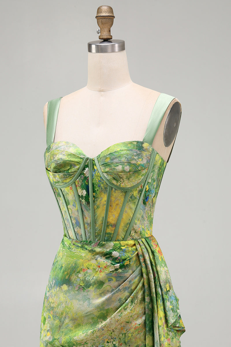 Load image into Gallery viewer, Floral Green Corset Ruched Tight Short Cocktail Dress with Beading