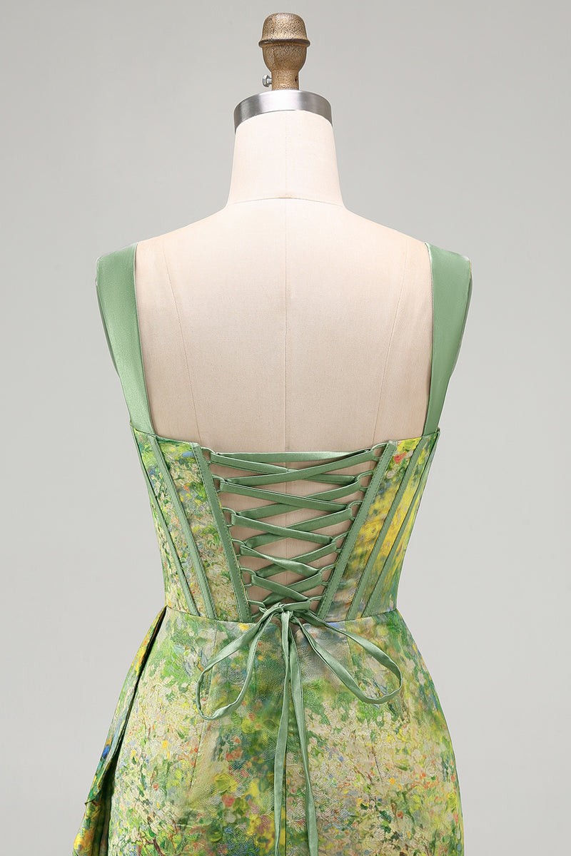 Load image into Gallery viewer, Floral Green Corset Ruched Tight Short Cocktail Dress with Beading