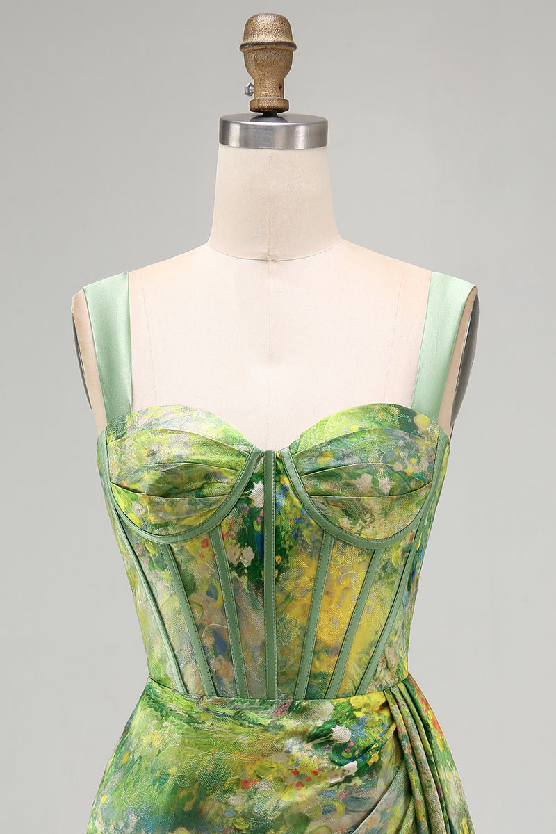 Load image into Gallery viewer, Floral Green Corset Ruched Tight Short Cocktail Dress with Beading