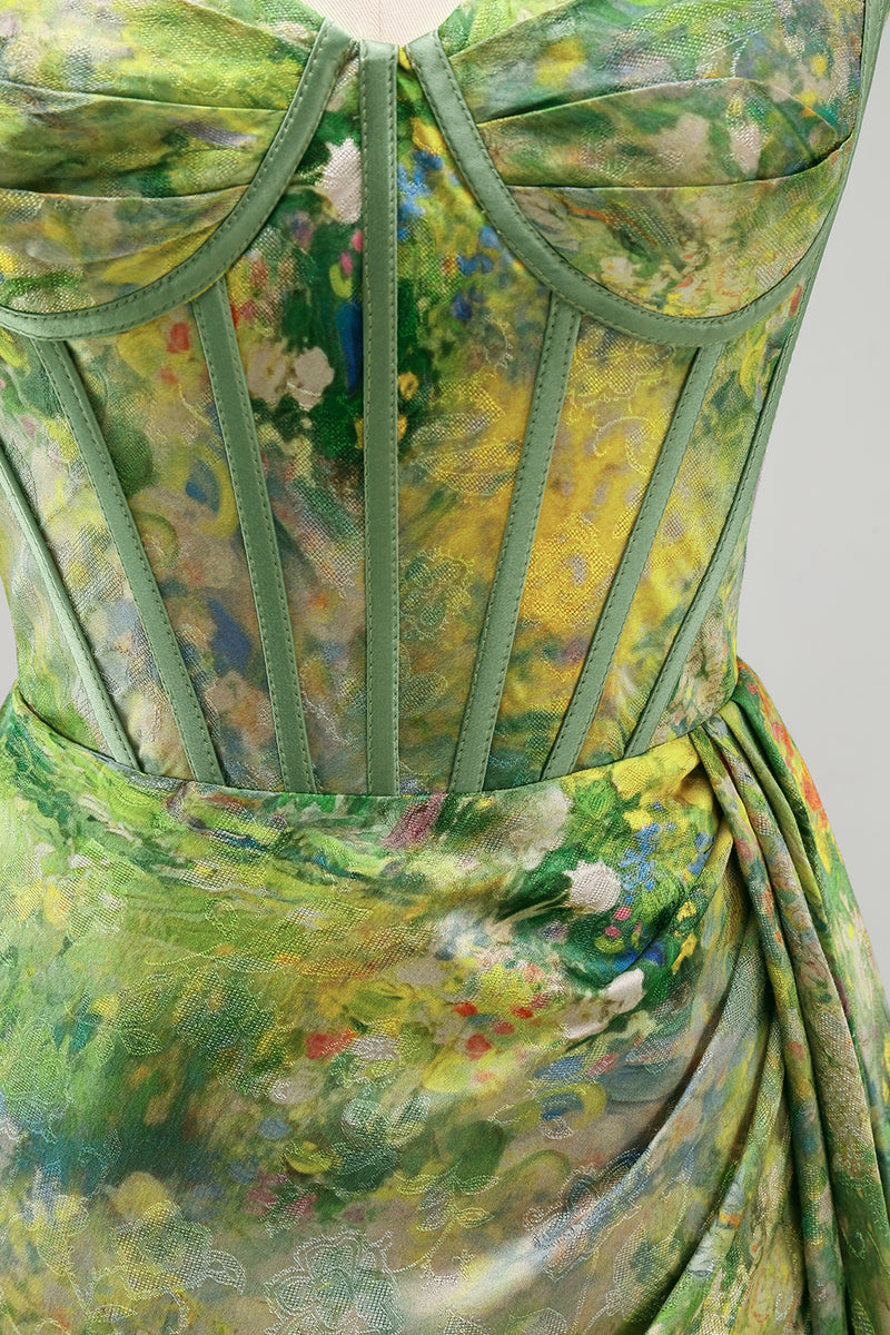 Load image into Gallery viewer, Floral Green Corset Ruched Tight Short Cocktail Dress with Beading