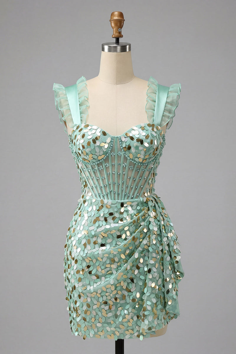 Load image into Gallery viewer, Sparkly Sequin Silver Corset Tight Short Cocktail Dress with Ruffles