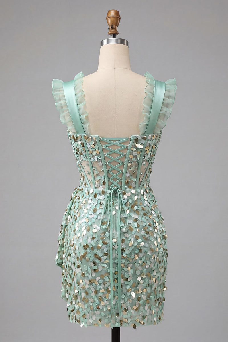 Load image into Gallery viewer, Sparkly Sequin Silver Corset Tight Short Cocktail Dress with Ruffles